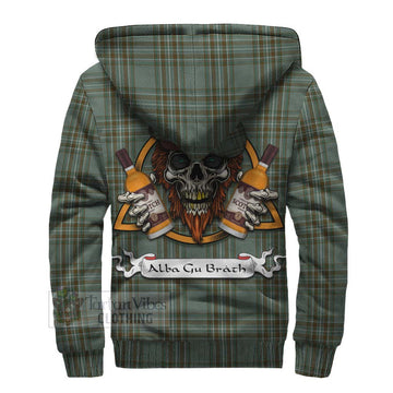 Kelly Tartan Sherpa Hoodie with Family Crest and Bearded Skull Holding Bottles of Whiskey