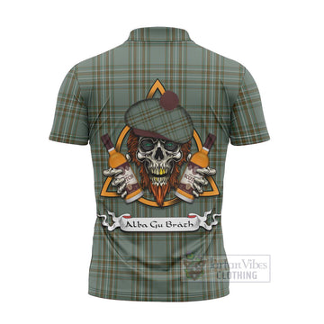 Kelly Tartan Zipper Polo Shirt with Family Crest and Bearded Skull Holding Bottles of Whiskey - Tartan Vibes Clothing