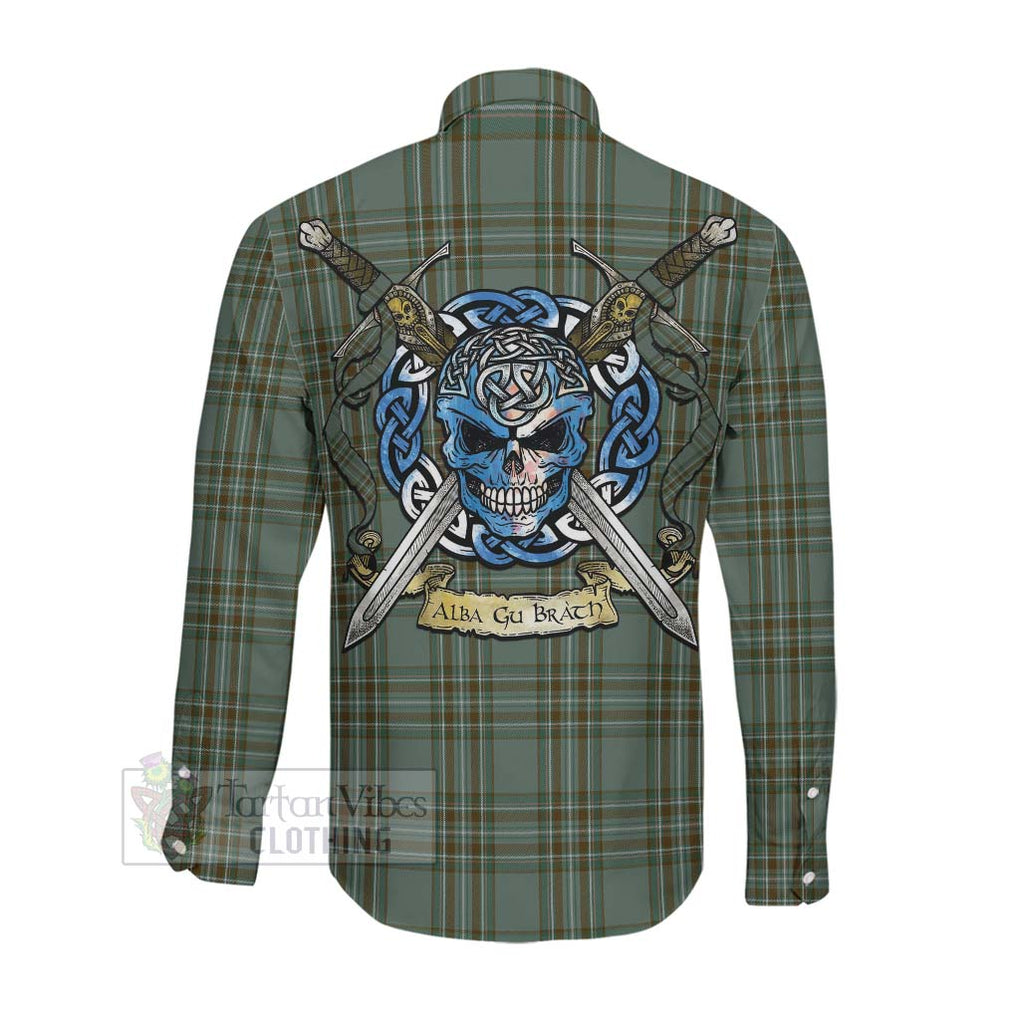 Tartan Vibes Clothing Kelly Tartan Long Sleeve Button Shirt with Family Crest Celtic Skull Style