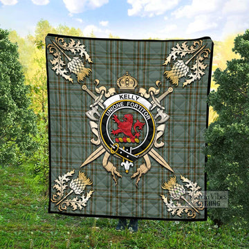 Kelly Tartan Quilt with Family Crest and Scottish Golden Courage Shield