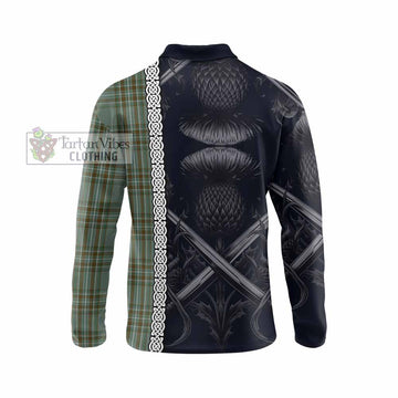 Kelly Tartan Long Sleeve Polo Shirt with Family Crest Cross Sword Thistle Celtic Vibes - Tartan Vibes Clothing