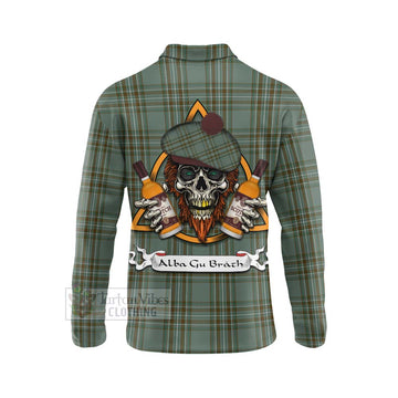 Kelly Tartan Long Sleeve Polo Shirt with Family Crest and Bearded Skull Holding Bottles of Whiskey - Tartan Vibes Clothing