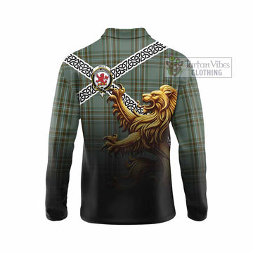 Kelly Crest Tartan Long Sleeve Polo Shirt with Golden Lion Emblem Celtic Style - Tartan Vibes Clothing