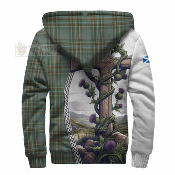 Kelly Tartan Sherpa Hoodie with Family Crest and St. Andrew's Cross Accented by Thistle Vines