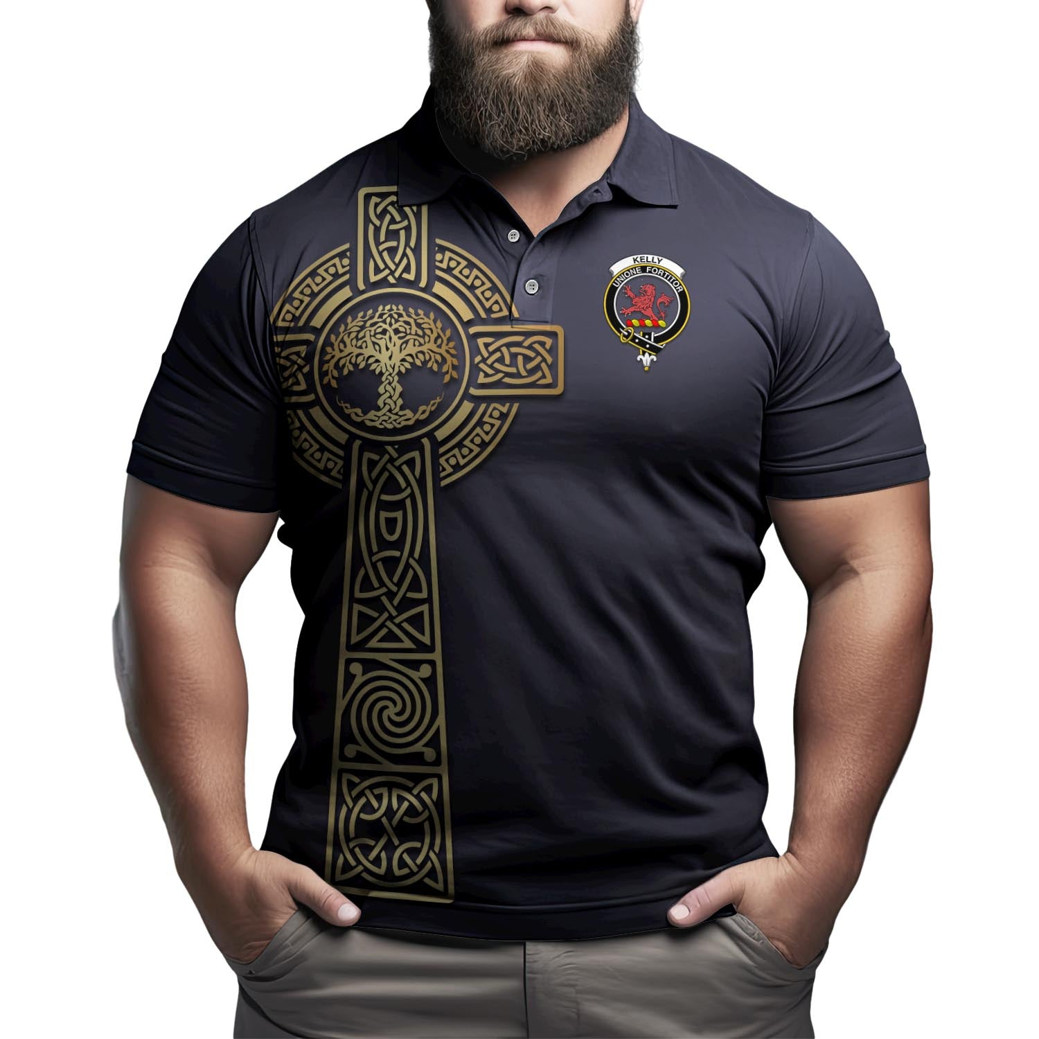 Kelly Clan Polo Shirt with Golden Celtic Tree Of Life - Tartanvibesclothing