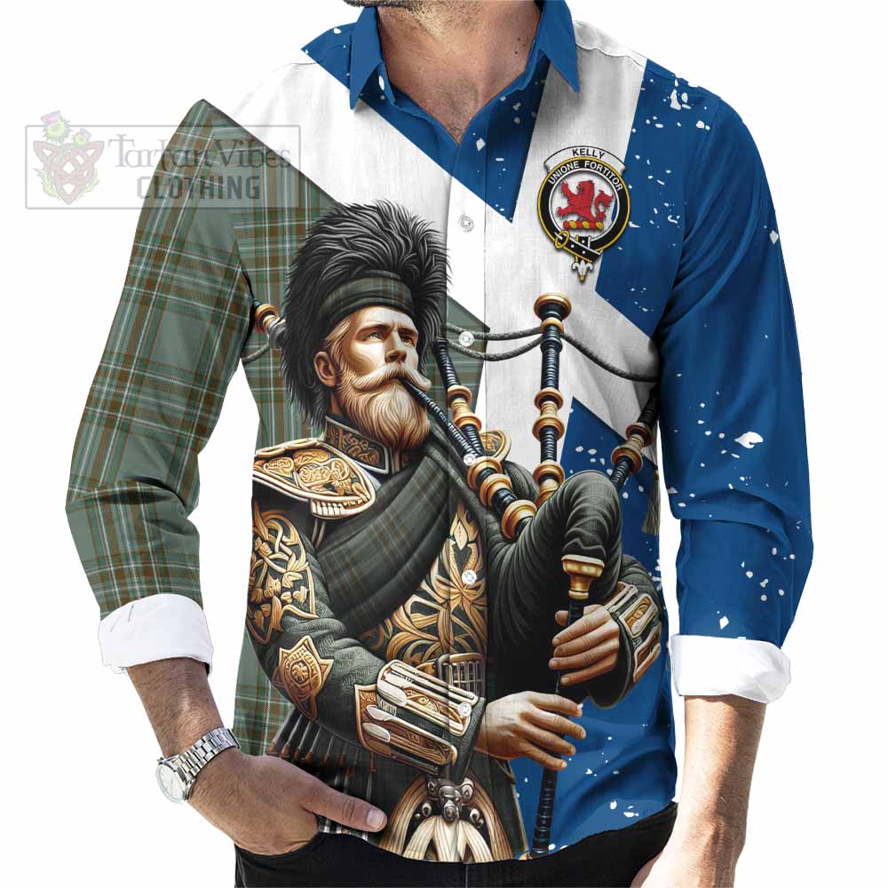 Tartan Vibes Clothing Kelly Tartan Long Sleeve Button Shirt with Family Crest Scottish Bagpiper Vibes