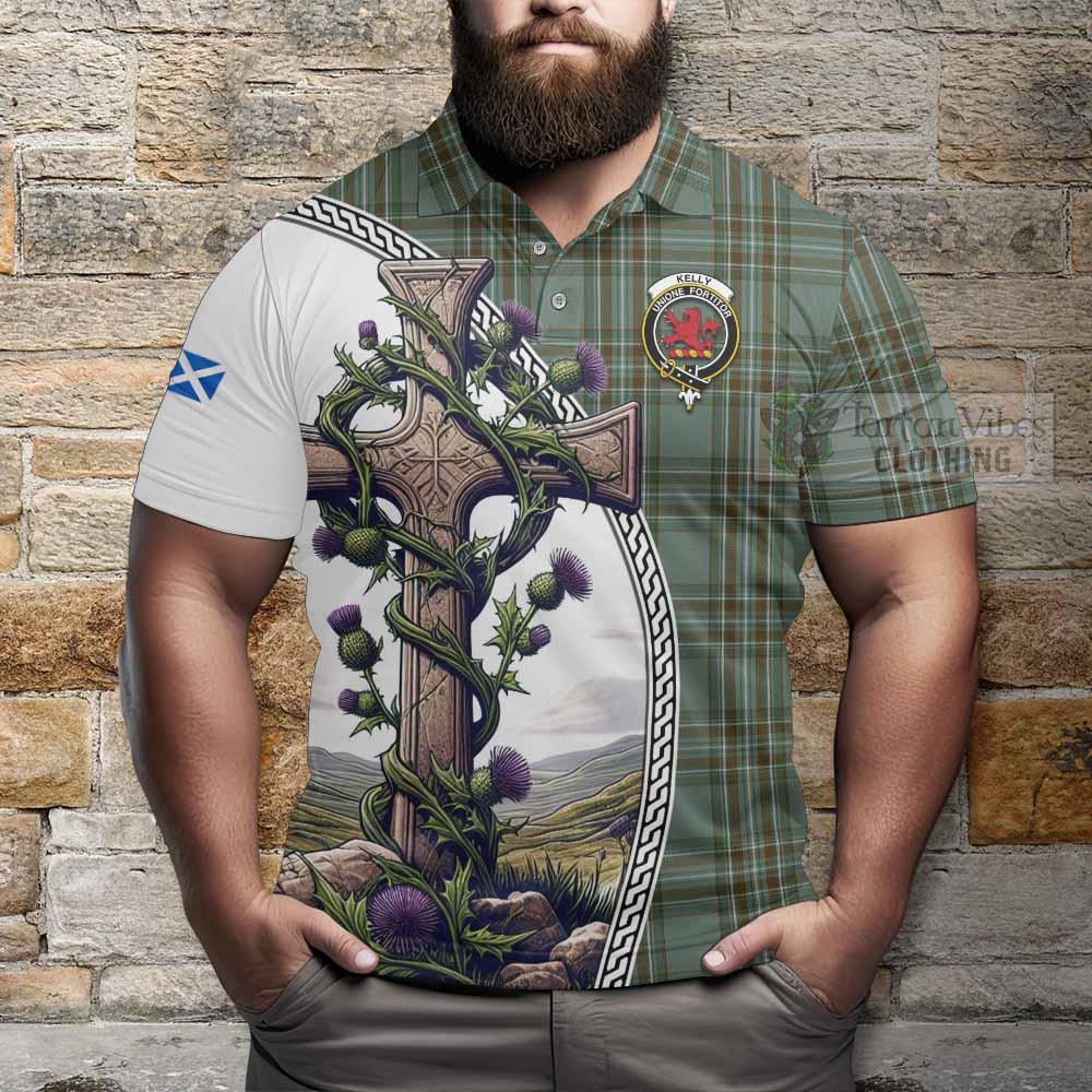 Tartan Vibes Clothing Kelly Tartan Polo Shirt with Family Crest and St. Andrew's Cross Accented by Thistle Vines