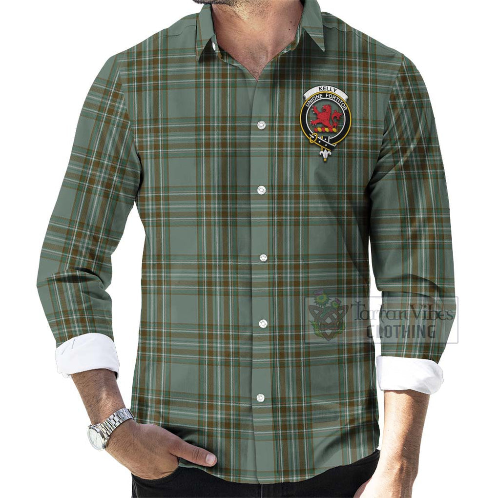 Tartan Vibes Clothing Kelly Tartan Long Sleeve Button Shirt with Family Crest Celtic Skull Style