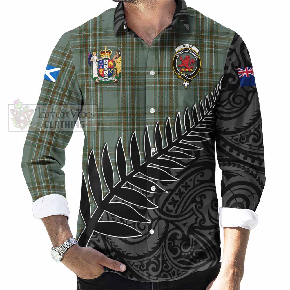 Tartan Vibes Clothing Kelly Crest Tartan Long Sleeve Button Shirt with New Zealand Silver Fern Half Style