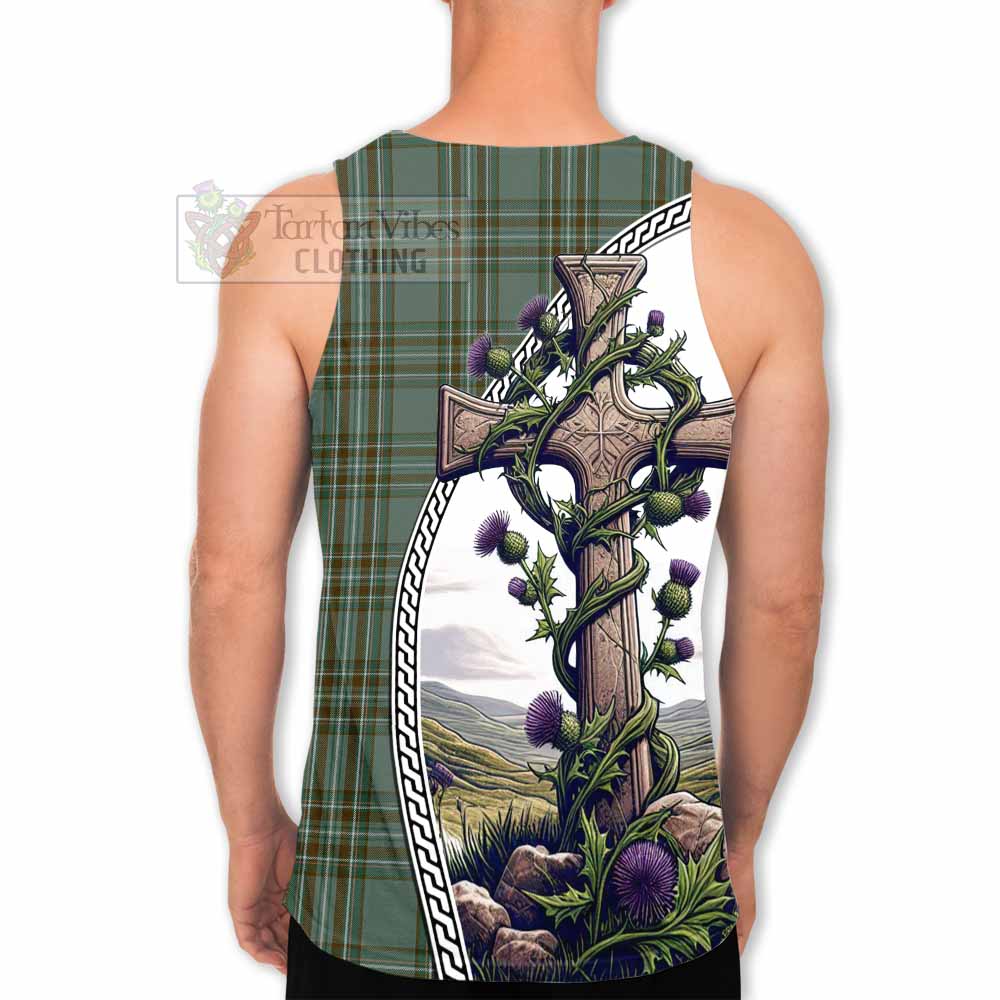 Tartan Vibes Clothing Kelly Tartan Men's Tank Top with Family Crest and St. Andrew's Cross Accented by Thistle Vines