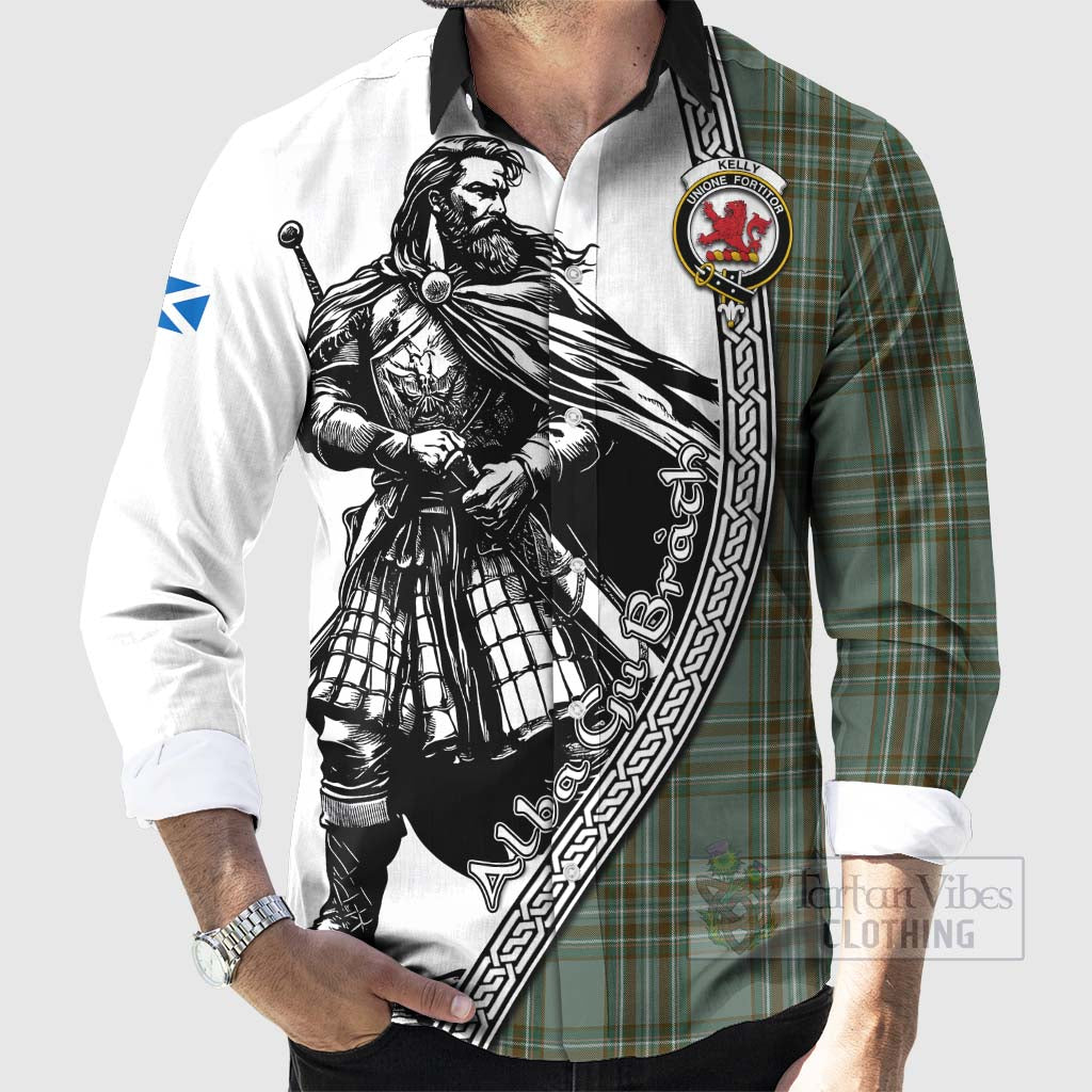 Tartan Vibes Clothing Kelly Tartan Clan Crest Long Sleeve Button Shirt with Highlander Warrior Celtic Style