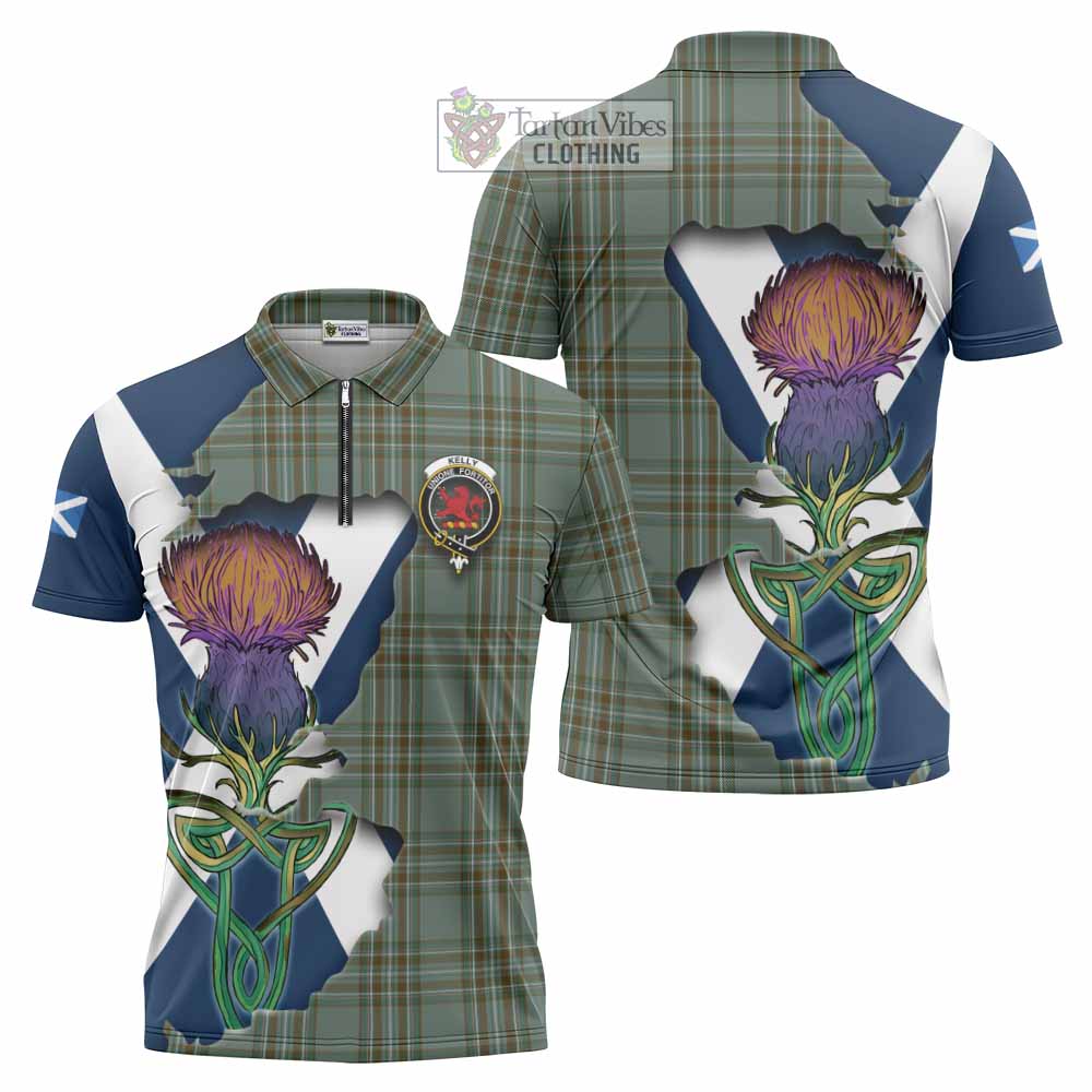 Kelly Tartan Family Crest Zipper Polo Shirt Scottish Thistle Celtic Inspired - Tartan Vibes Clothing