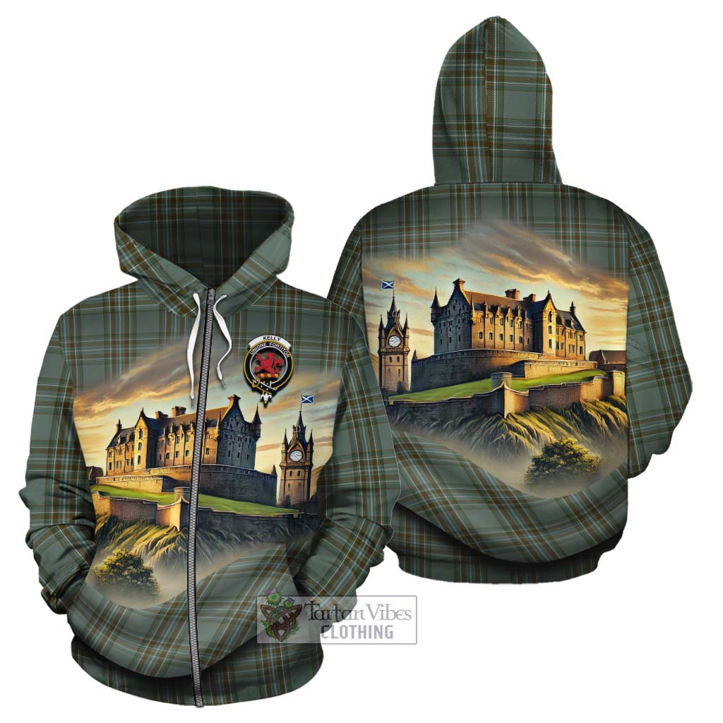Kelly Tartan Family Crest Cotton Hoodie with Scottish Ancient Castle Style Zip Hoodie - Tartan Vibes Clothing