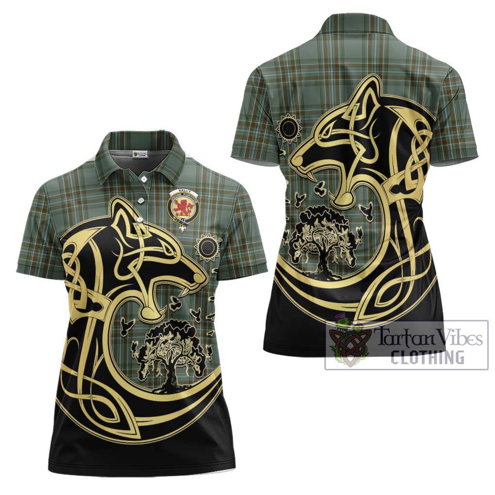 Kelly Tartan Women's Polo Shirt with Family Crest Celtic Wolf Style Women - Tartanvibesclothing Shop