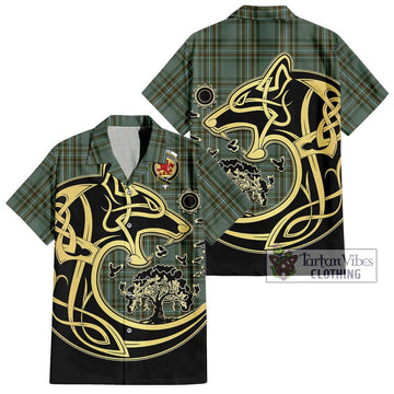 Kelly Tartan Short Sleeve Button Shirt with Family Crest Celtic Wolf Style