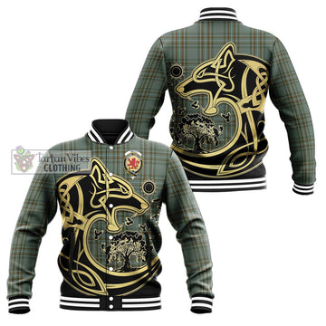 Kelly Tartan Baseball Jacket with Family Crest Celtic Wolf Style