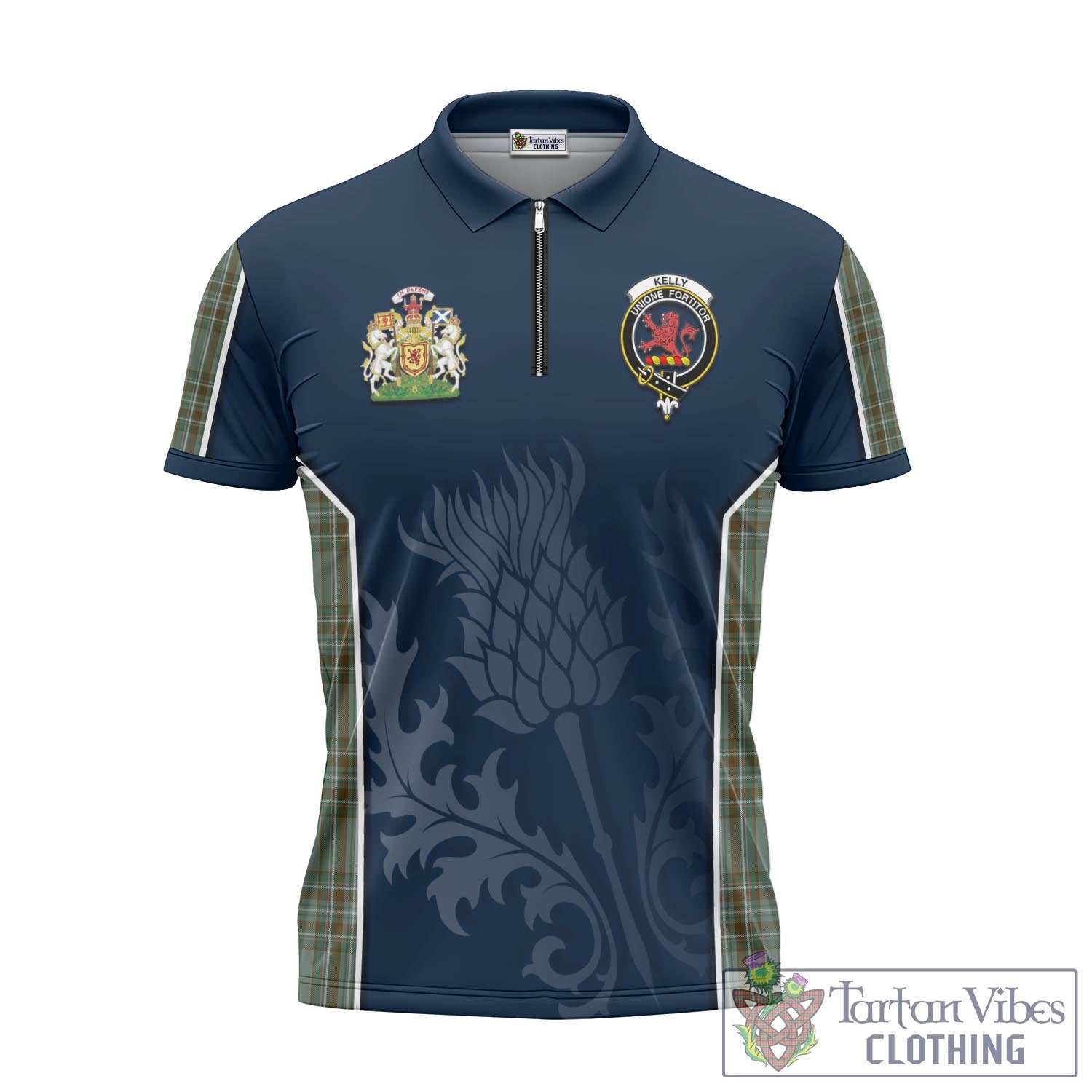 Tartan Vibes Clothing Kelly Dress Tartan Zipper Polo Shirt with Family Crest and Scottish Thistle Vibes Sport Style