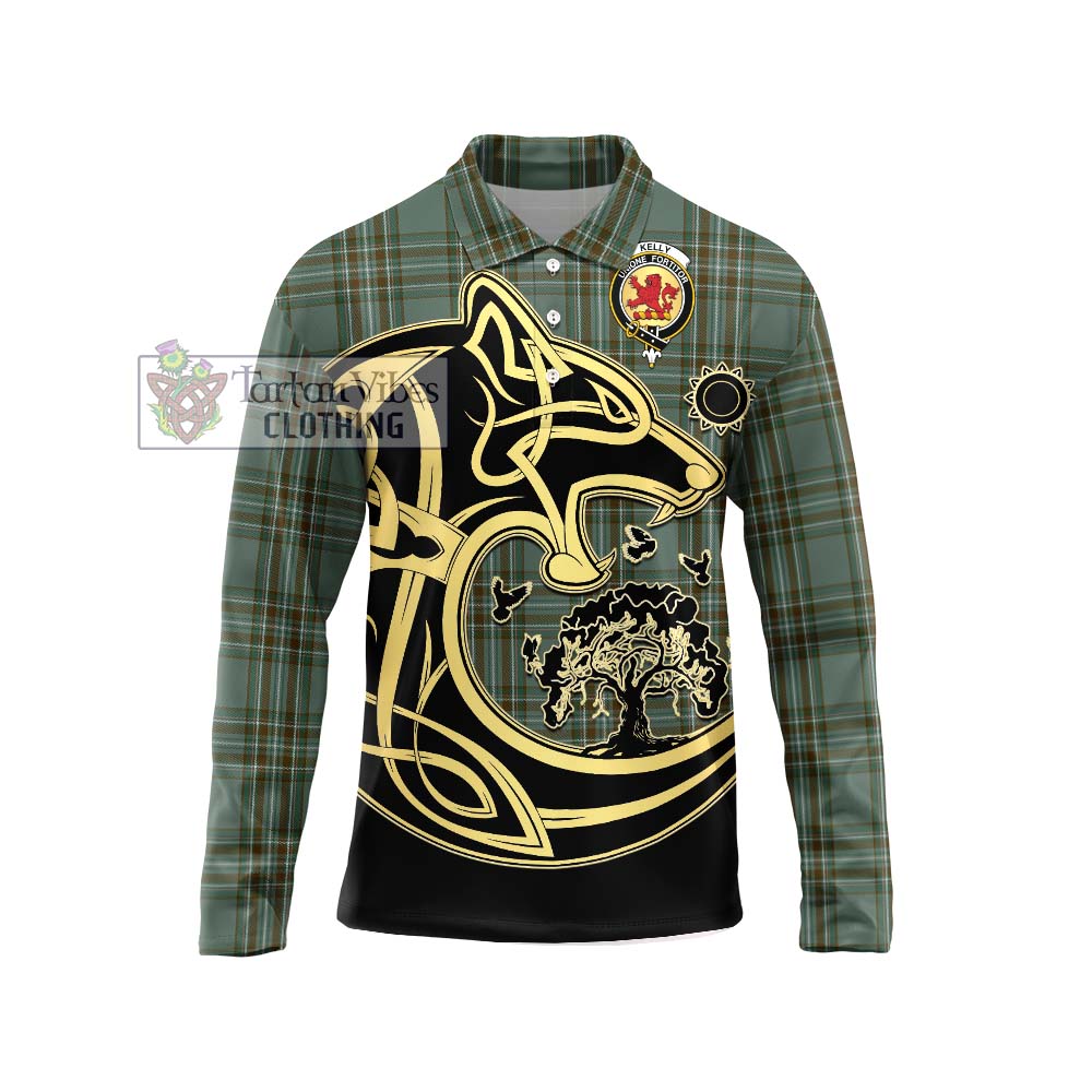 Kelly Tartan Long Sleeve Polo Shirt with Family Crest Celtic Wolf Style Unisex - Tartanvibesclothing Shop