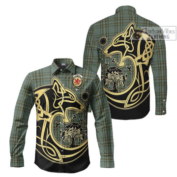 Kelly Tartan Long Sleeve Button Shirt with Family Crest Celtic Wolf Style