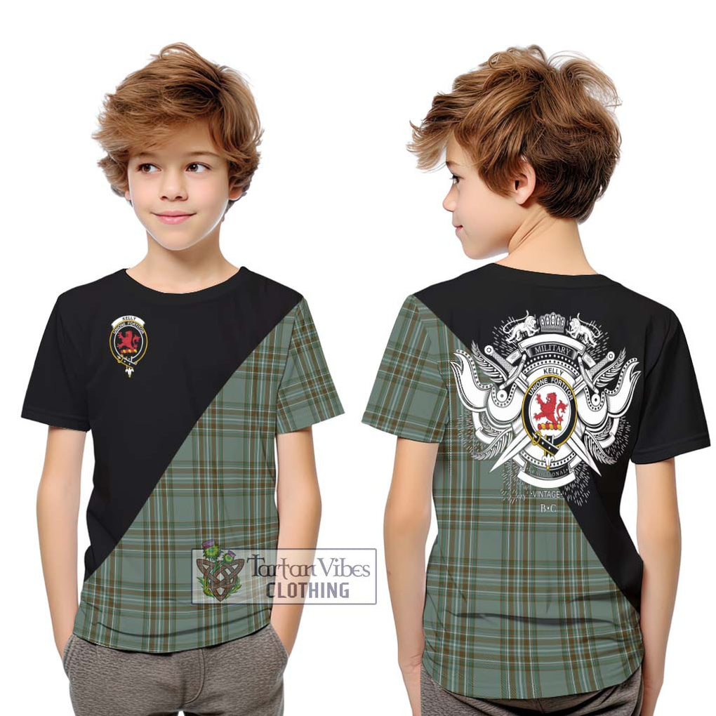 Kelly Tartan Kid T-Shirt with Family Crest and Military Logo Style Youth XL Size14 - Tartanvibesclothing Shop