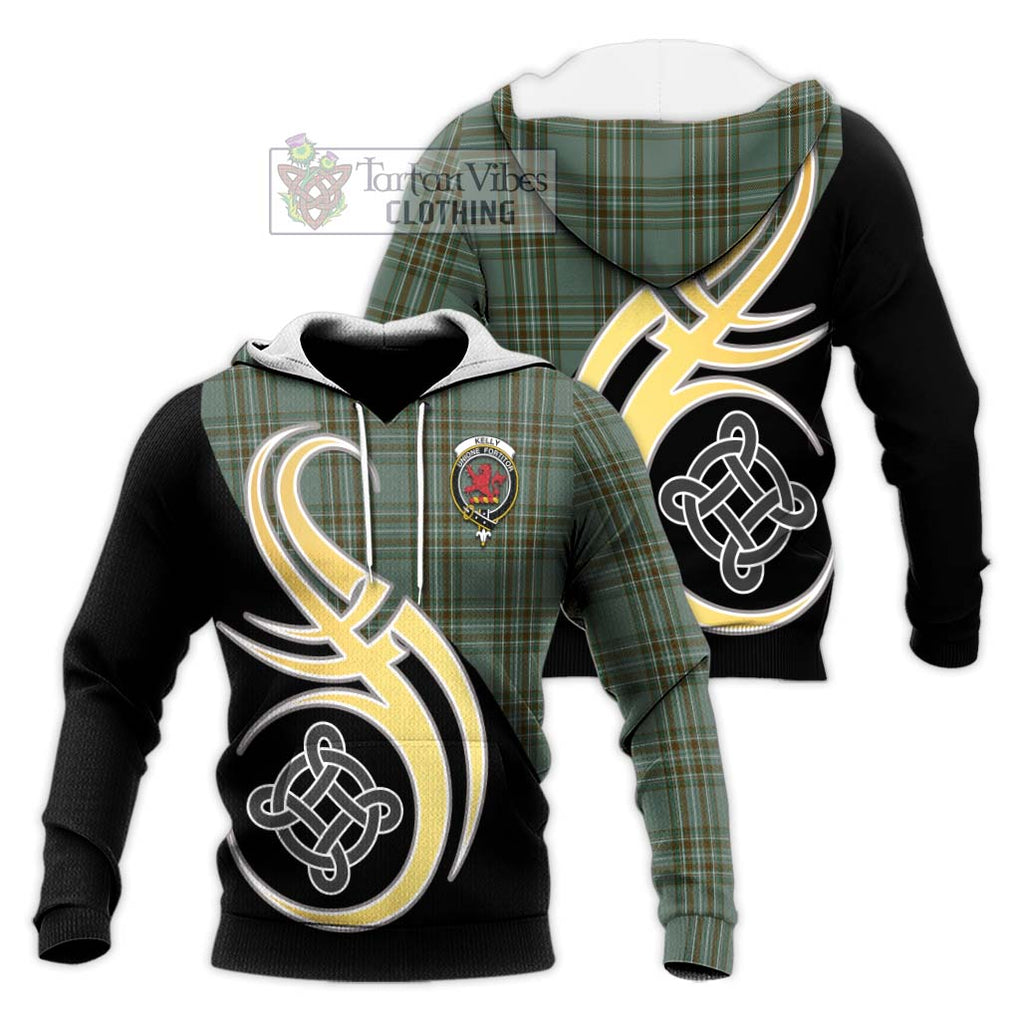 Kelly Tartan Knitted Hoodie with Family Crest and Celtic Symbol Style Unisex Knitted Pullover Hoodie - Tartan Vibes Clothing