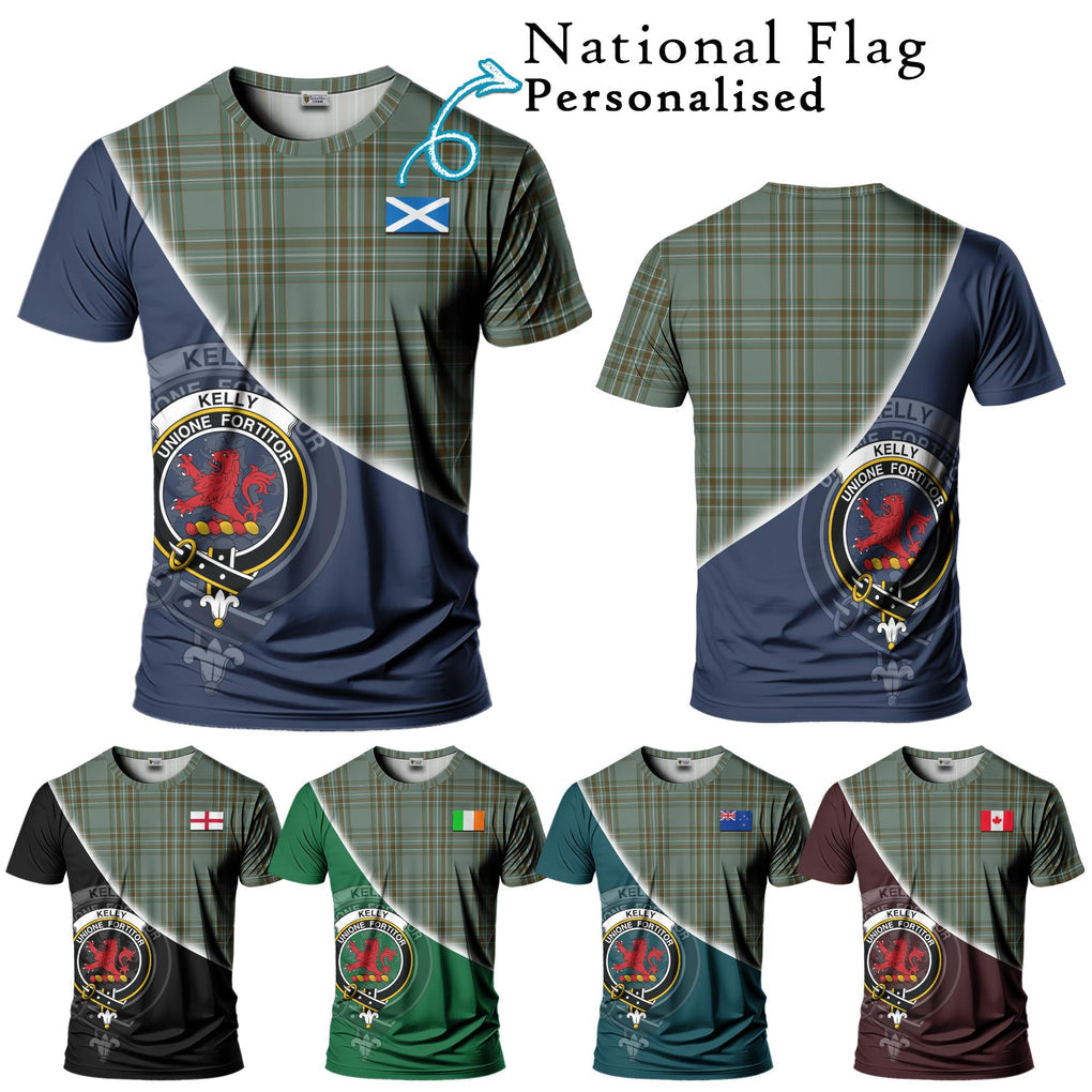 Kelly Tartan T-Shirt with Personalised National Flag and Family Crest Half Style Kid's Shirt - Tartanvibesclothing Shop