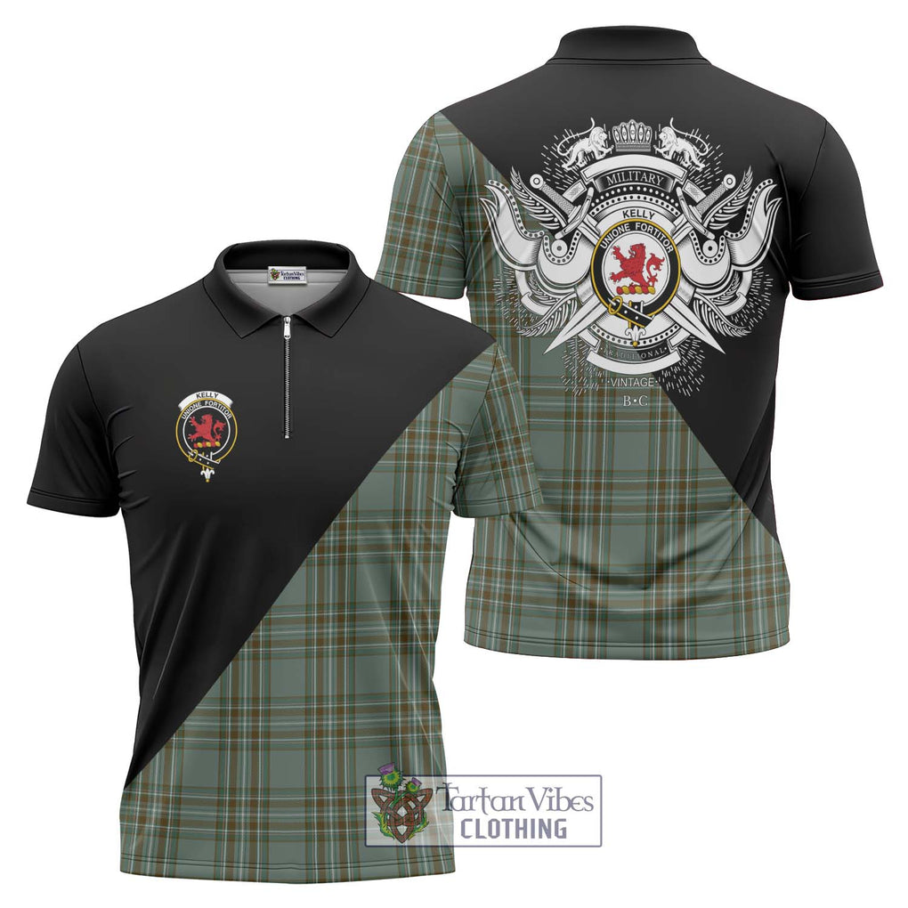 Kelly Tartan Zipper Polo Shirt with Family Crest and Military Logo Style Unisex - Tartanvibesclothing Shop