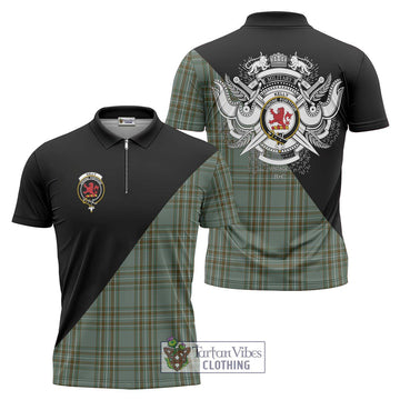 Kelly Tartan Zipper Polo Shirt with Family Crest and Military Logo Style