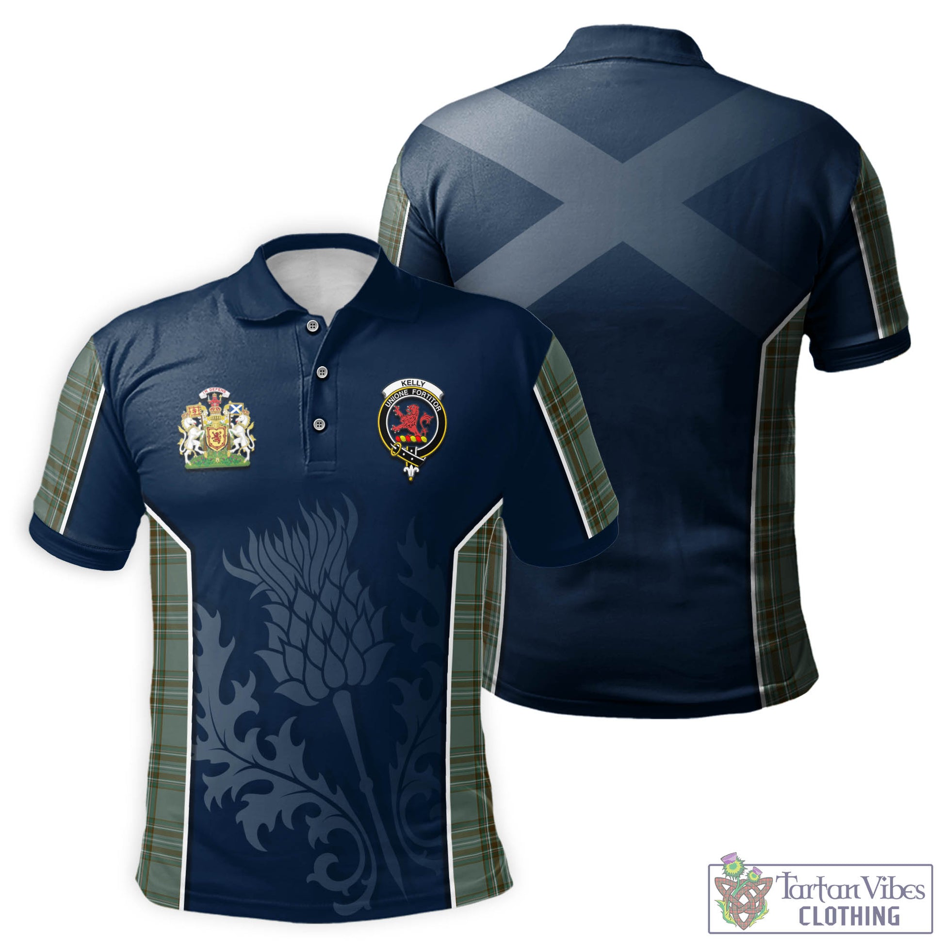 Tartan Vibes Clothing Kelly Dress Tartan Men's Polo Shirt with Family Crest and Scottish Thistle Vibes Sport Style