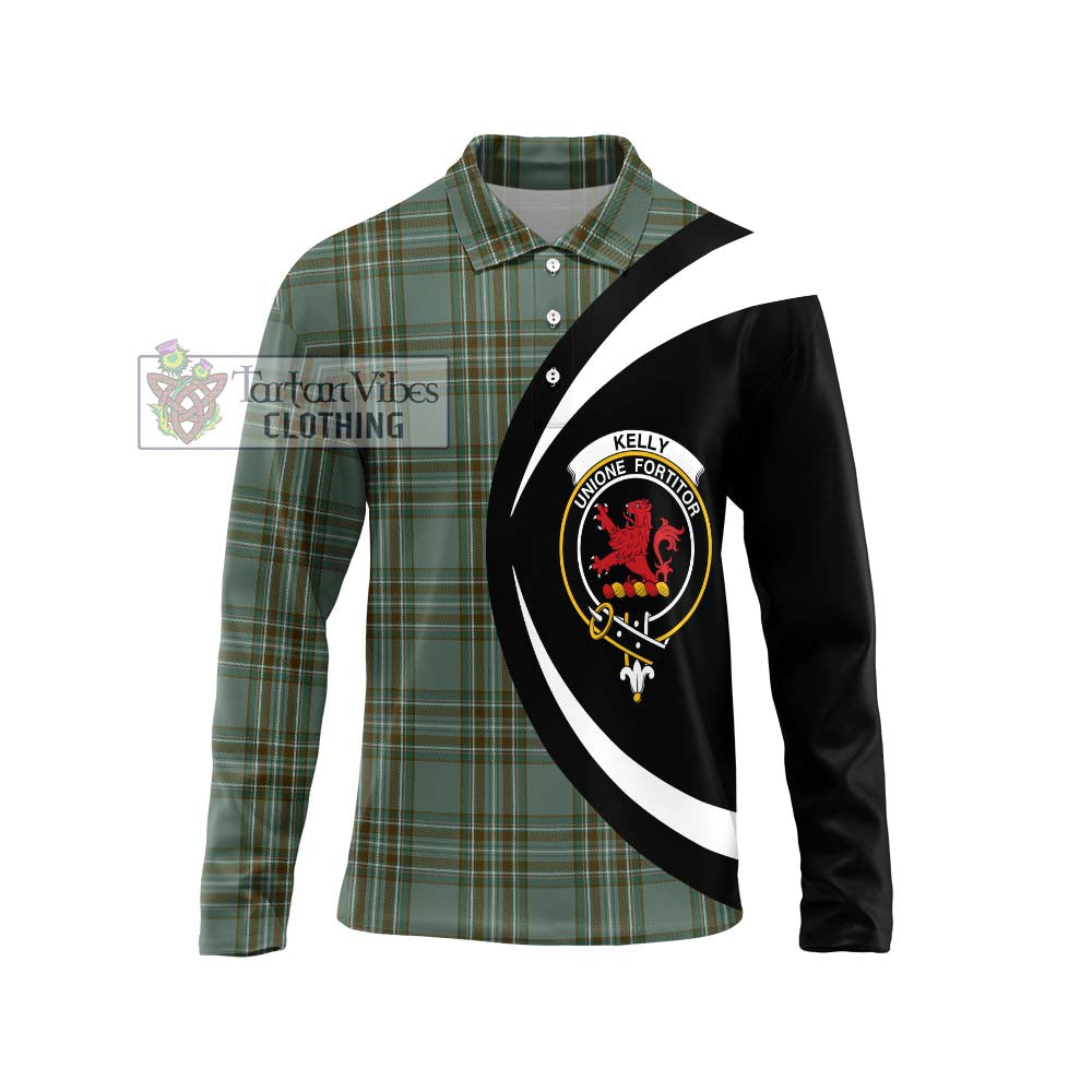 Kelly Tartan Long Sleeve Polo Shirt with Family Crest Circle Style Unisex - Tartan Vibes Clothing