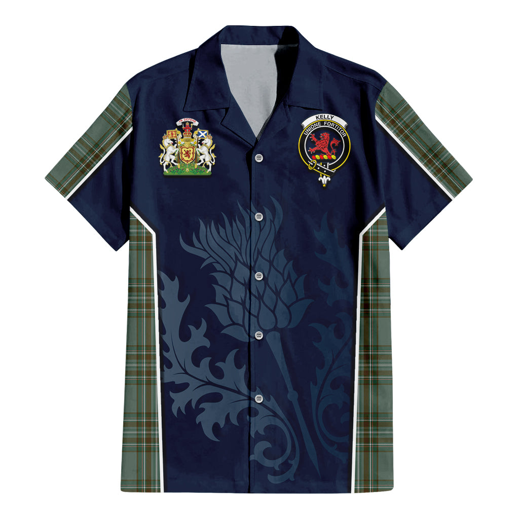 Tartan Vibes Clothing Kelly Dress Tartan Short Sleeve Button Up Shirt with Family Crest and Scottish Thistle Vibes Sport Style