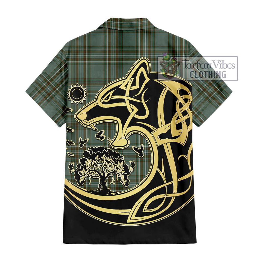 Kelly Tartan Short Sleeve Button Shirt with Family Crest Celtic Wolf Style - Tartan Vibes Clothing