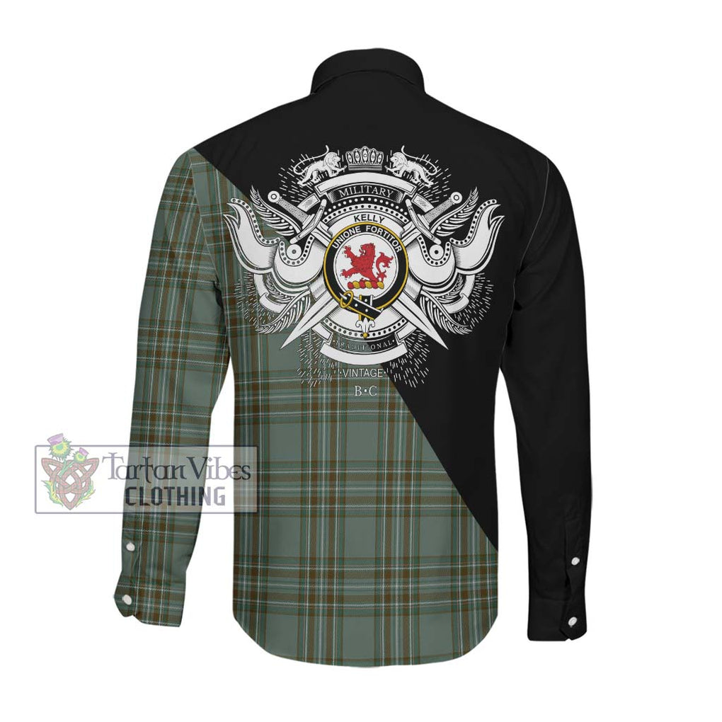 Kelly Tartan Long Sleeve Button Shirt with Family Crest and Military Logo Style Men's Shirt - Tartanvibesclothing Shop