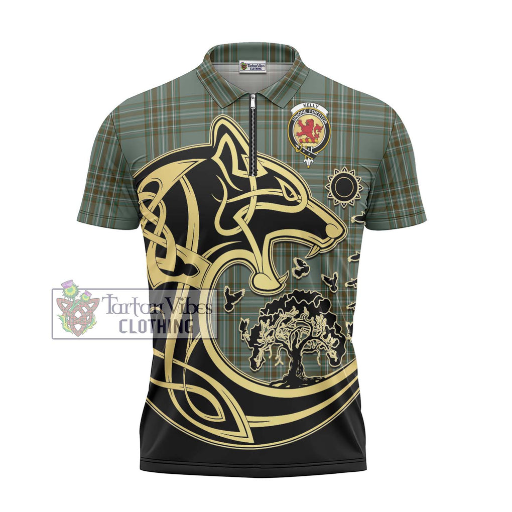 Kelly Tartan Zipper Polo Shirt with Family Crest Celtic Wolf Style - Tartanvibesclothing Shop