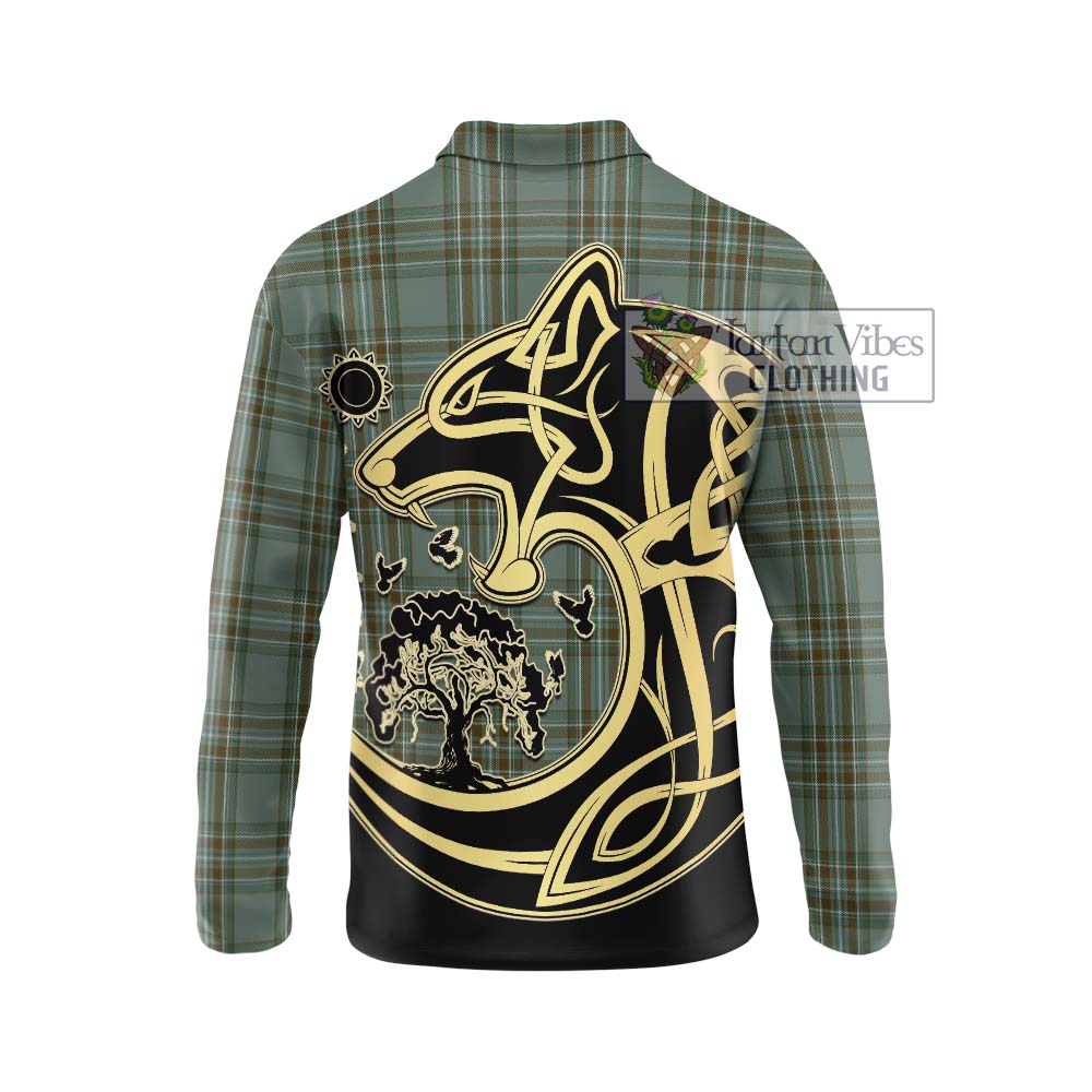 Kelly Tartan Long Sleeve Polo Shirt with Family Crest Celtic Wolf Style - Tartanvibesclothing Shop