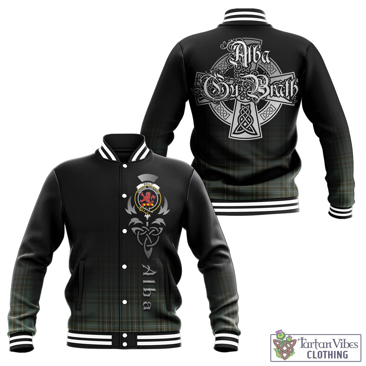 Tartan Vibes Clothing Kelly Dress Tartan Baseball Jacket Featuring Alba Gu Brath Family Crest Celtic Inspired