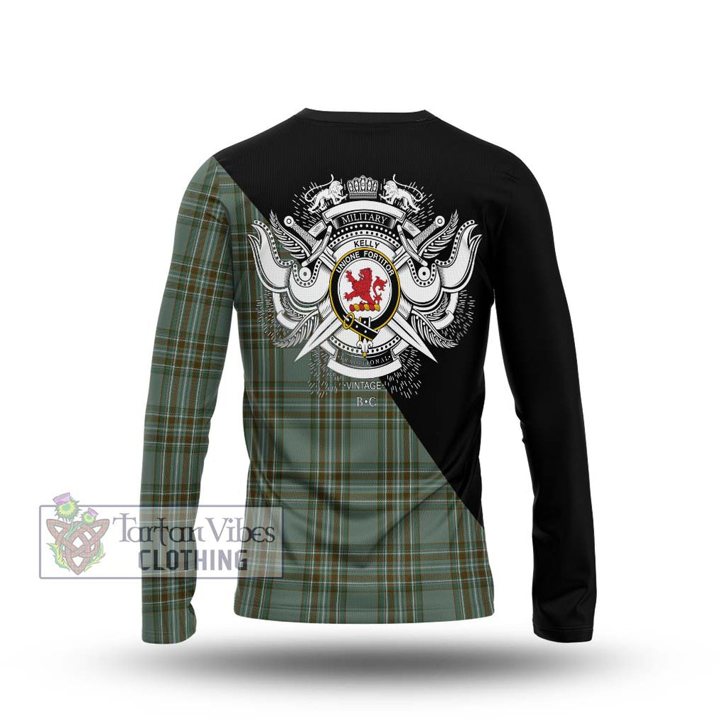 Kelly Tartan Long Sleeve T-Shirt with Family Crest and Military Logo Style - Tartanvibesclothing Shop