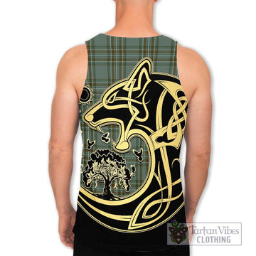 Kelly Tartan Men's Tank Top with Family Crest Celtic Wolf Style