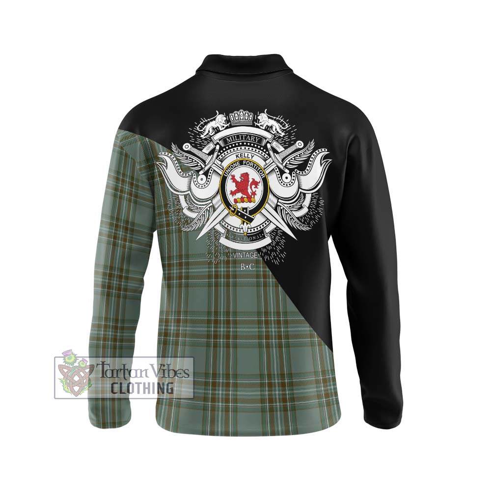 Kelly Tartan Long Sleeve Polo Shirt with Family Crest and Military Logo Style - Tartanvibesclothing Shop