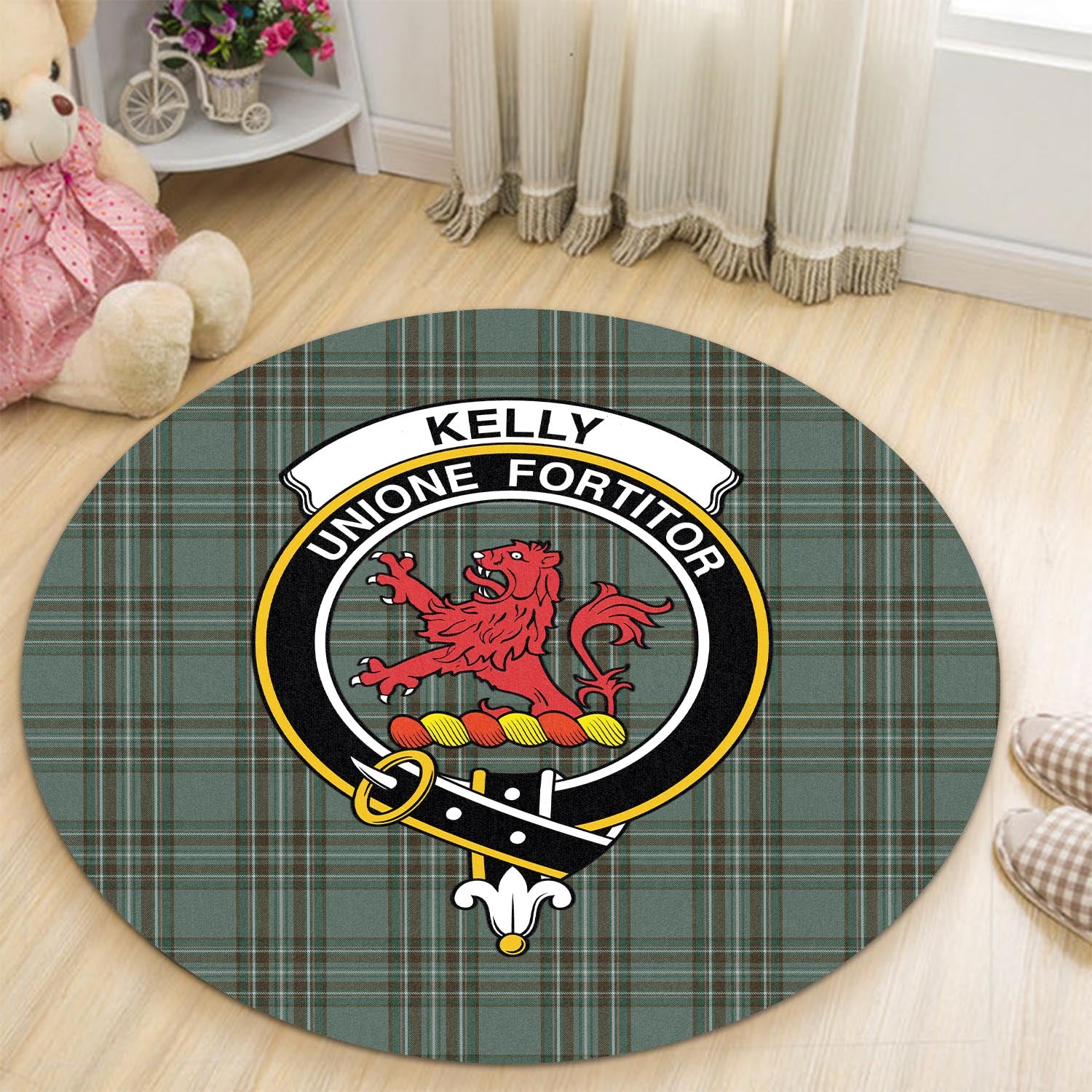 kelly-dress-tartan-round-rug-with-family-crest