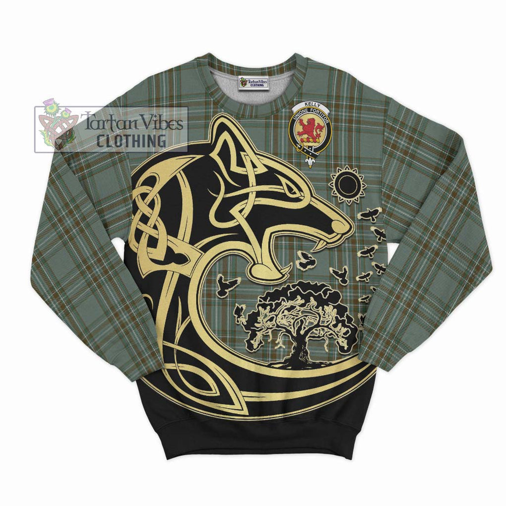 Kelly Tartan Sweatshirt with Family Crest Celtic Wolf Style - Tartan Vibes Clothing