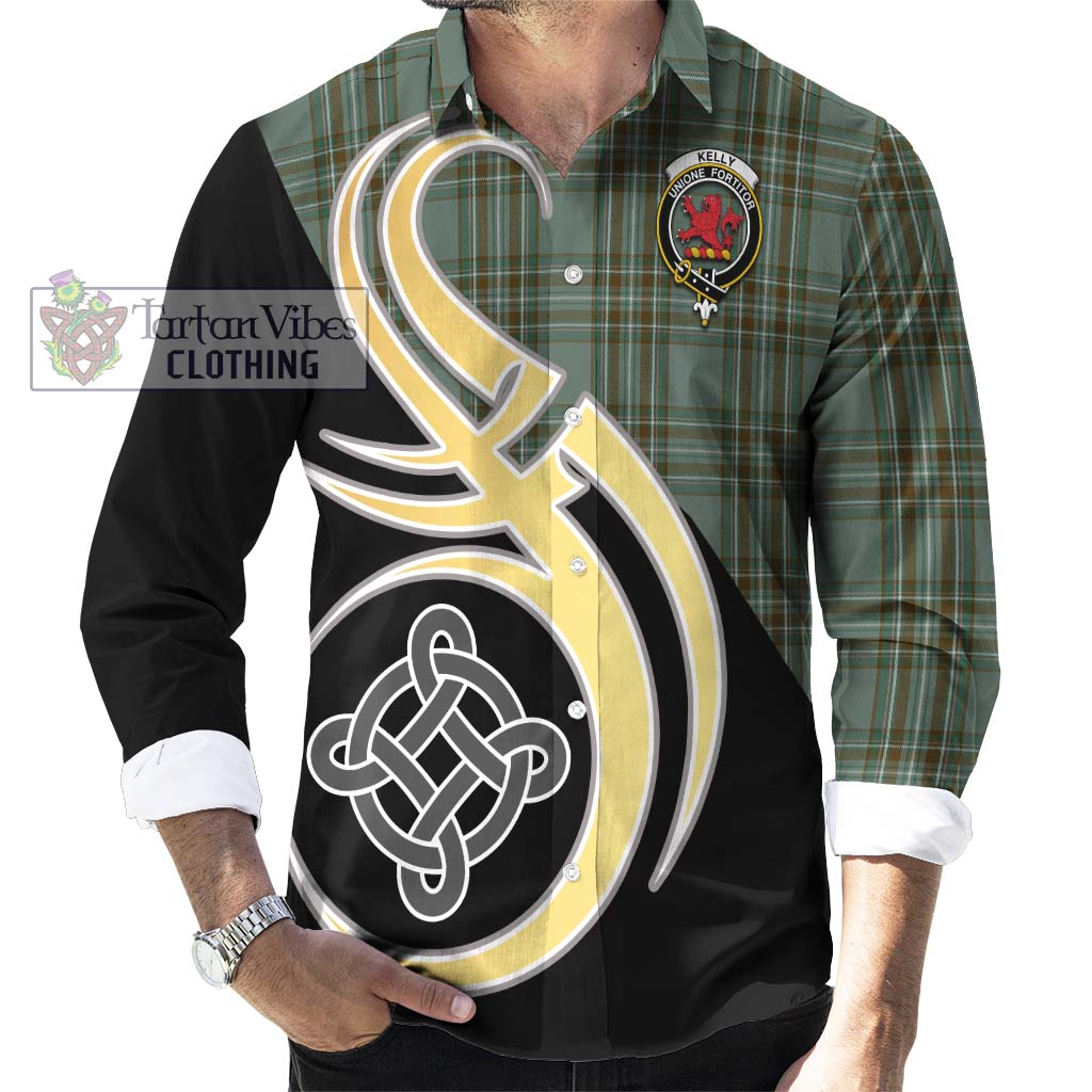 Kelly Tartan Long Sleeve Button Shirt with Family Crest and Celtic Symbol Style - Tartan Vibes Clothing