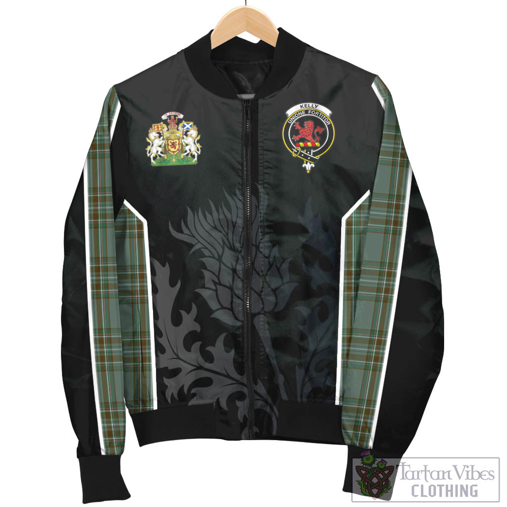 Tartan Vibes Clothing Kelly Dress Tartan Bomber Jacket with Family Crest and Scottish Thistle Vibes Sport Style