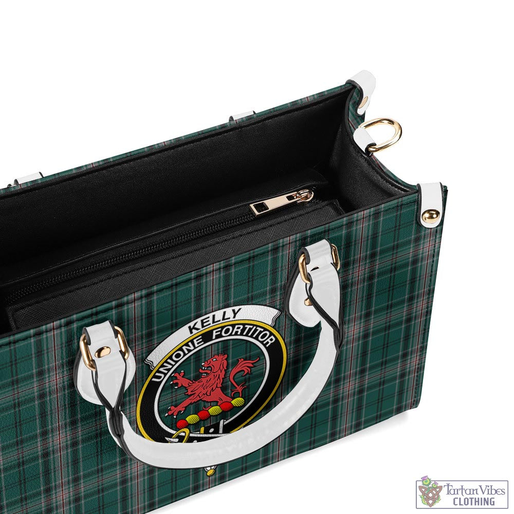 Tartan Vibes Clothing Kelly of Sleat Hunting Tartan Luxury Leather Handbags with Family Crest