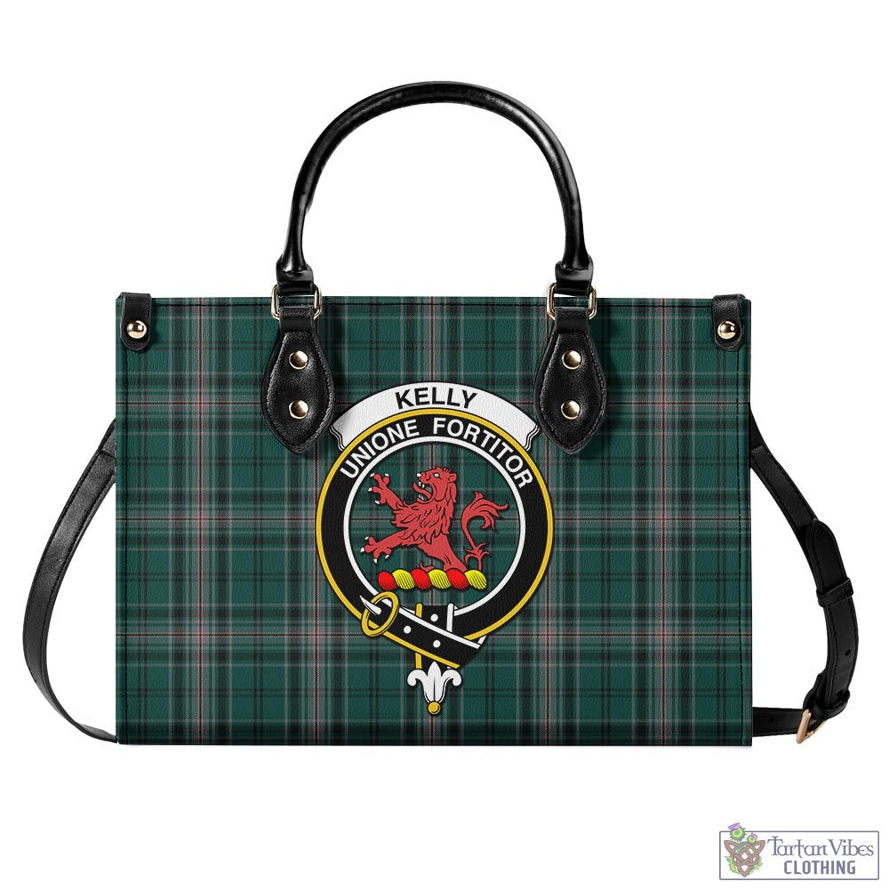 Tartan Vibes Clothing Kelly of Sleat Hunting Tartan Luxury Leather Handbags with Family Crest