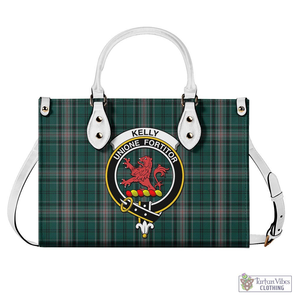 Tartan Vibes Clothing Kelly of Sleat Hunting Tartan Luxury Leather Handbags with Family Crest