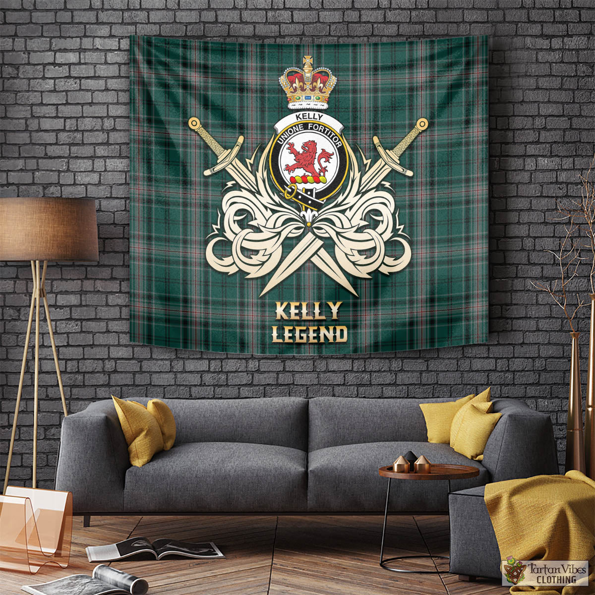 Tartan Vibes Clothing Kelly of Sleat Hunting Tartan Tapestry with Clan Crest and the Golden Sword of Courageous Legacy