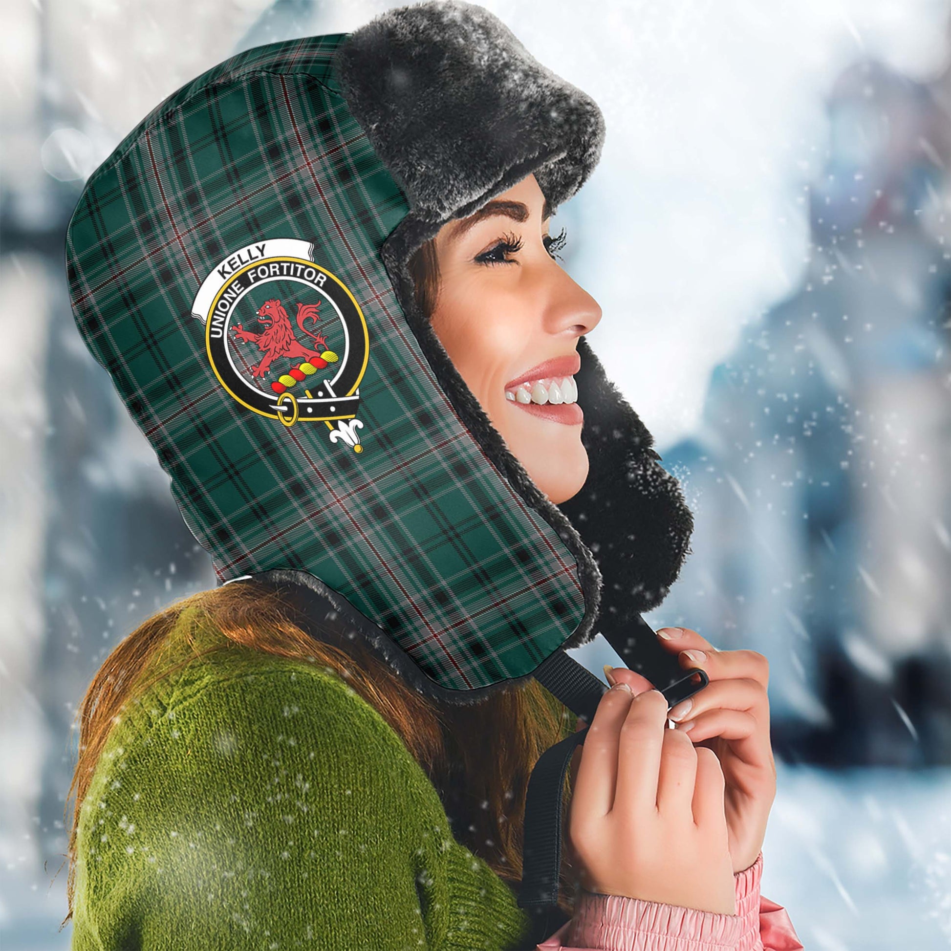 Kelly of Sleat Hunting Tartan Winter Trapper Hat with Family Crest Winter Trapper Hat Universal Fit Circumference 22.8in (58cm) - Tartanvibesclothing