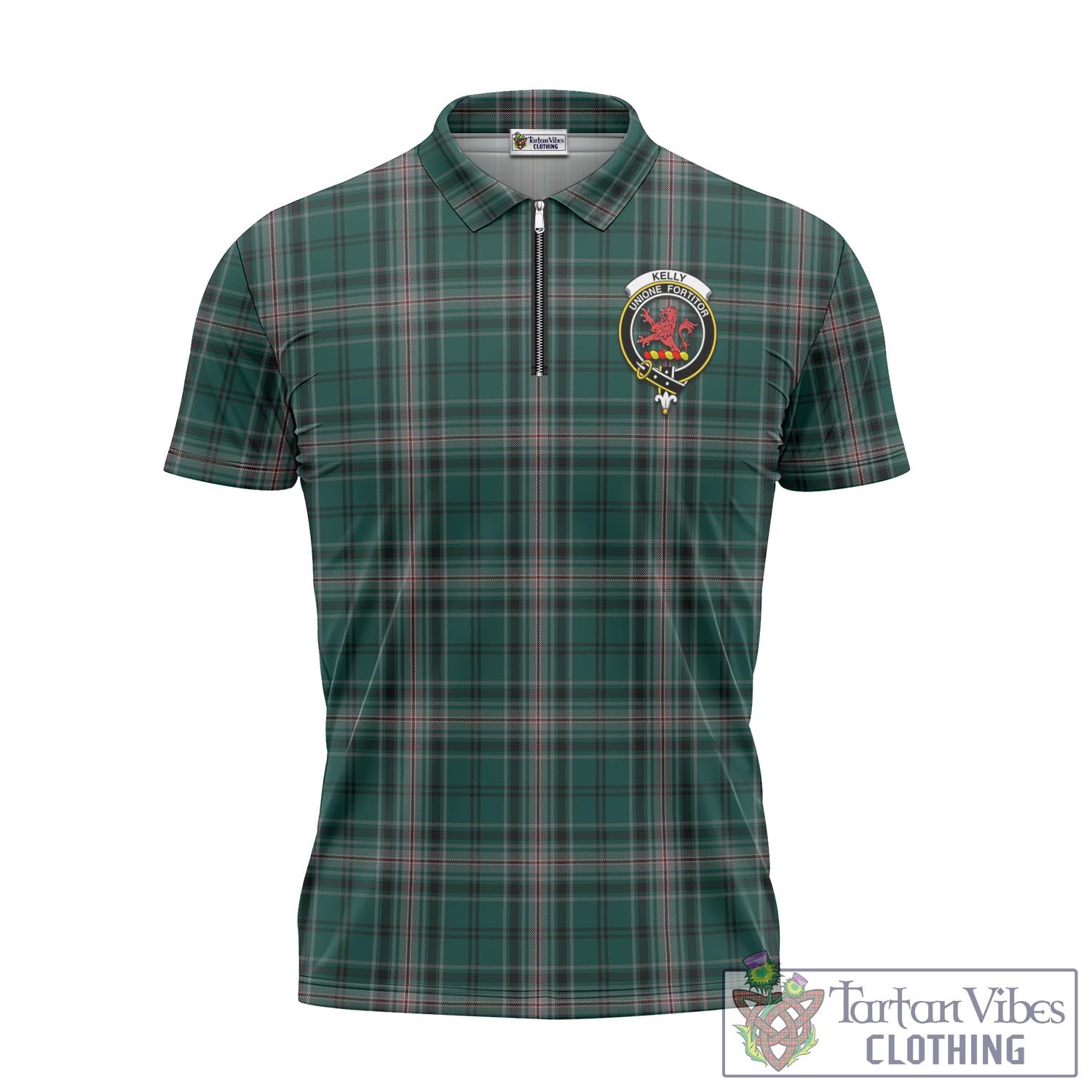 Tartan Vibes Clothing Kelly of Sleat Hunting Tartan Zipper Polo Shirt with Family Crest