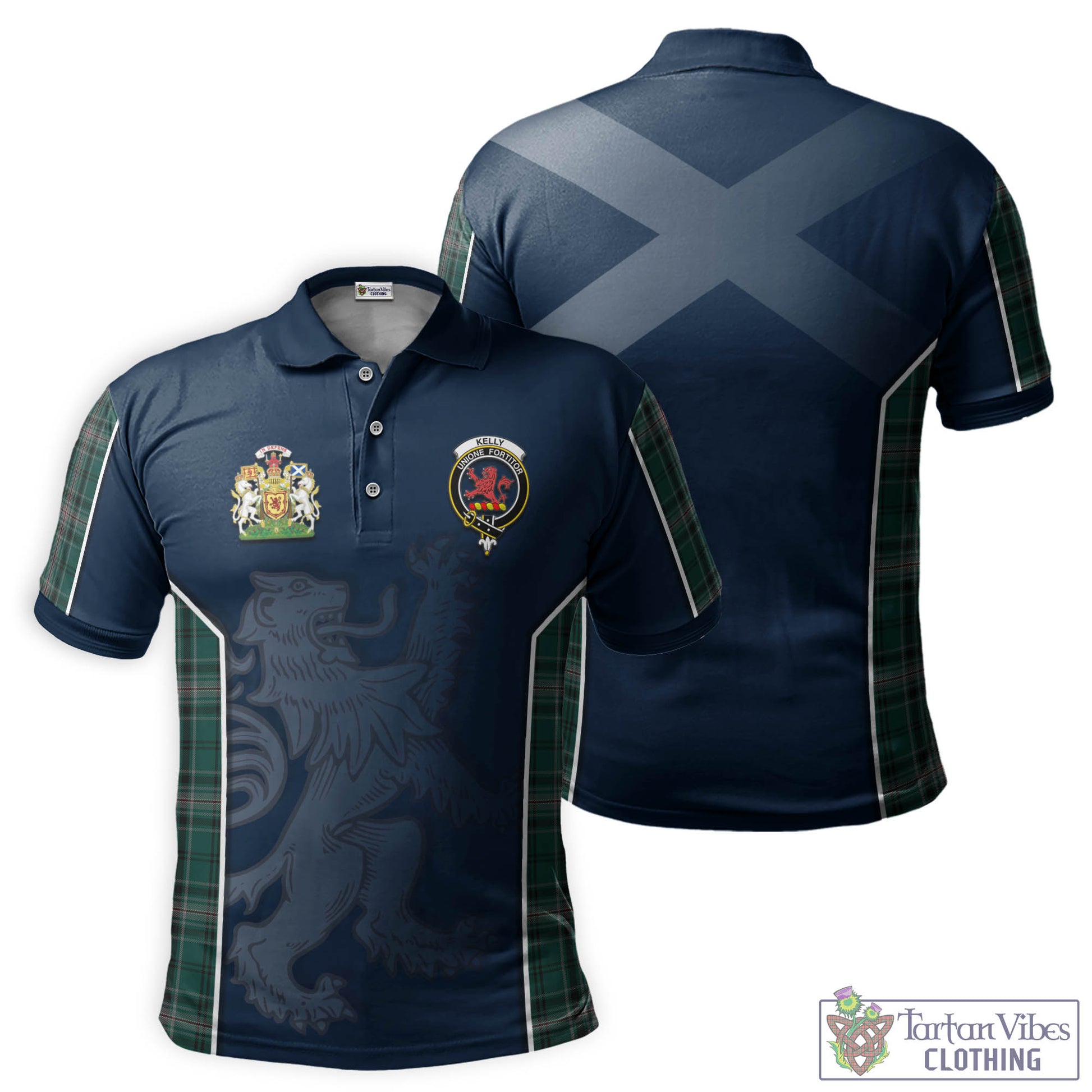 Tartan Vibes Clothing Kelly of Sleat Hunting Tartan Men's Polo Shirt with Family Crest and Lion Rampant Vibes Sport Style